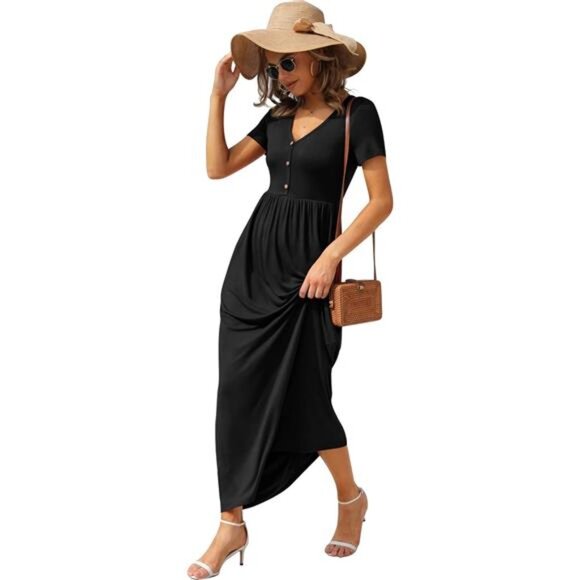 Womens Long Maxi Dresses 2025 Short Sleeve V Neck Casual Summer - Picture 4 of 10